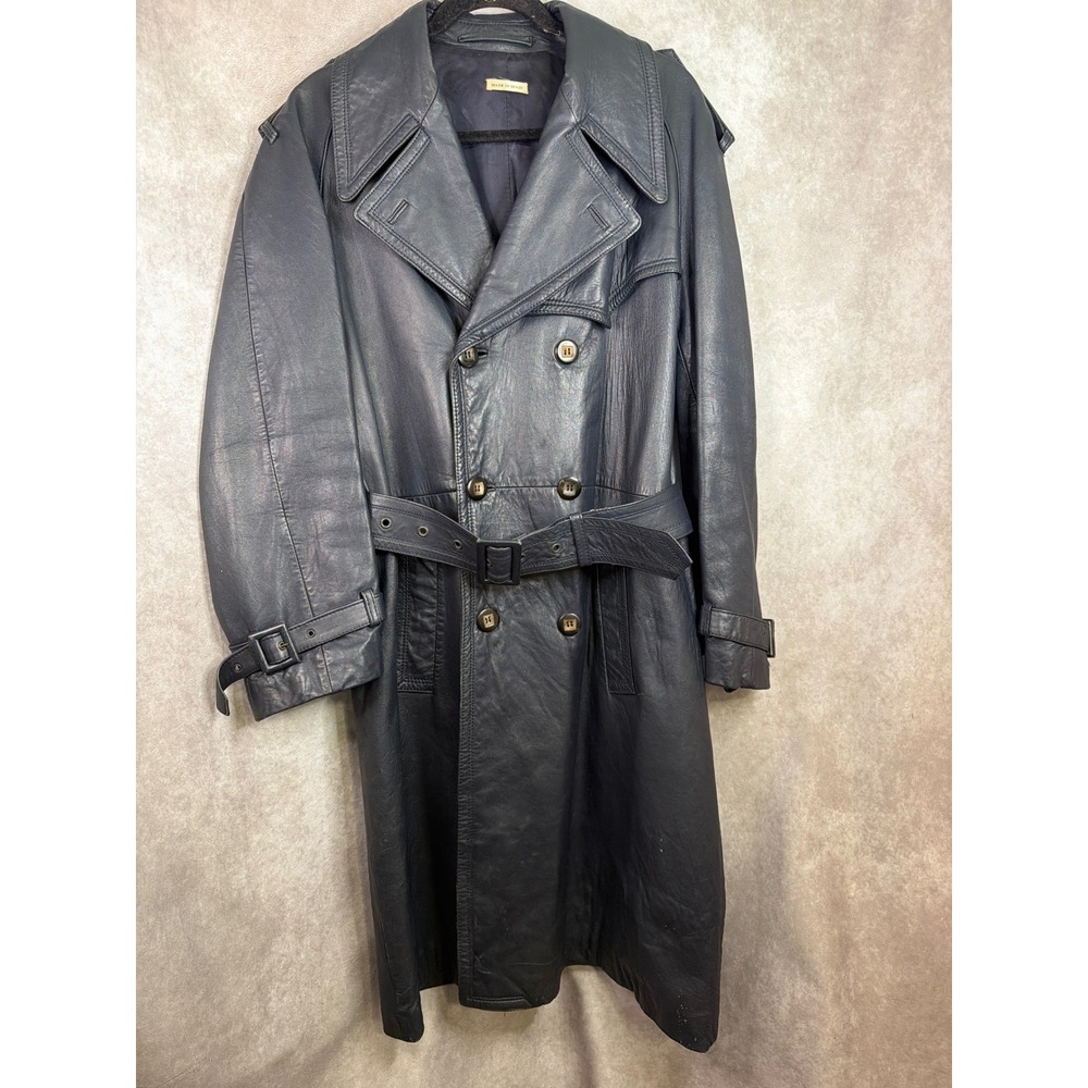 VTG Barneys The Madison Shop Leather Trench Coat Men Nvy Blue Spain Belted L/XL